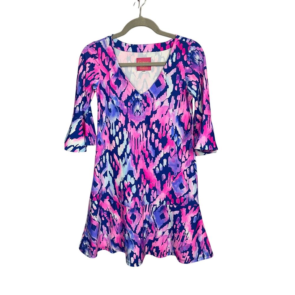Gingy’s Womens XXS Ikat Mini Dress Pink Blue V Neck Ruffle Sleeve NWT USA